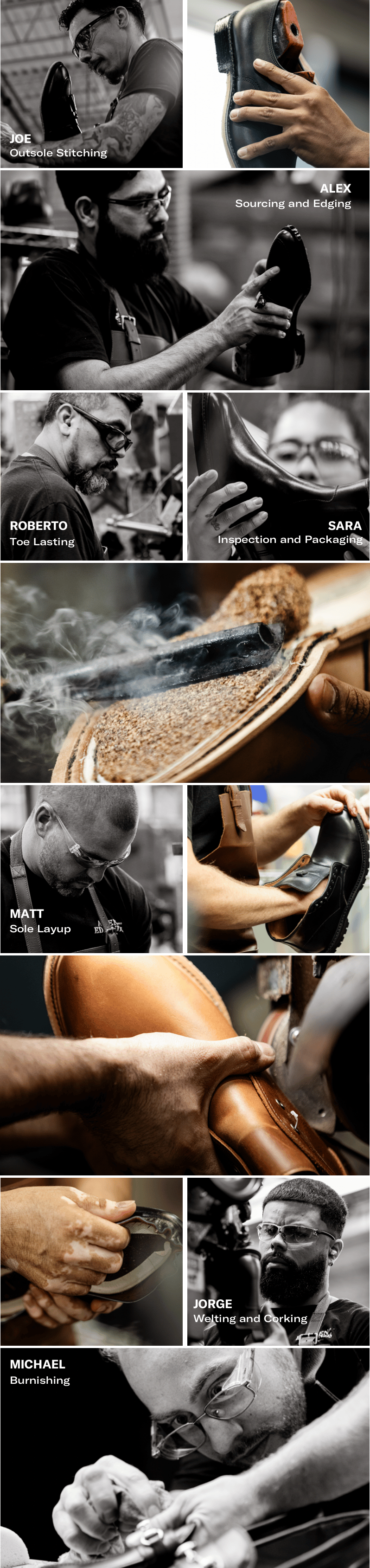 A series of photos showing the many of the artisans of Allen Edmonds