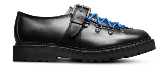 A side view of the Allen Edmonds Adirondack Low Hiking shoe in black leather, with the toe facing right. 